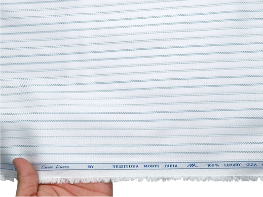 Tessitura Monti 100% Premium Giza Cotton Shirting Fabric (White & Blue, Patterned Stripes)