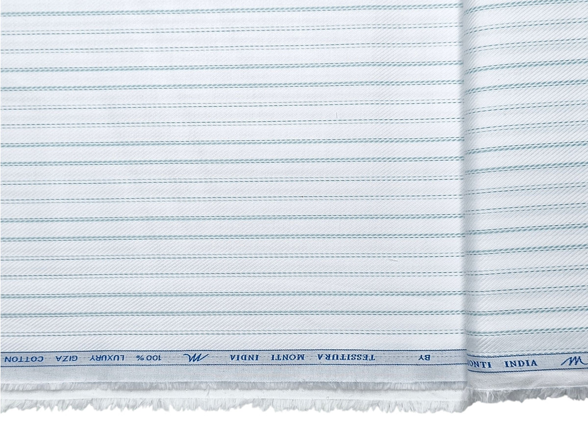 Tessitura Monti 100% Premium Giza Cotton Shirting Fabric (White & Blue, Patterned Stripes)