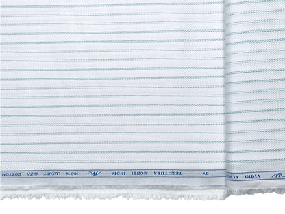 Tessitura Monti 100% Premium Giza Cotton Shirting Fabric (White & Blue, Patterned Stripes)