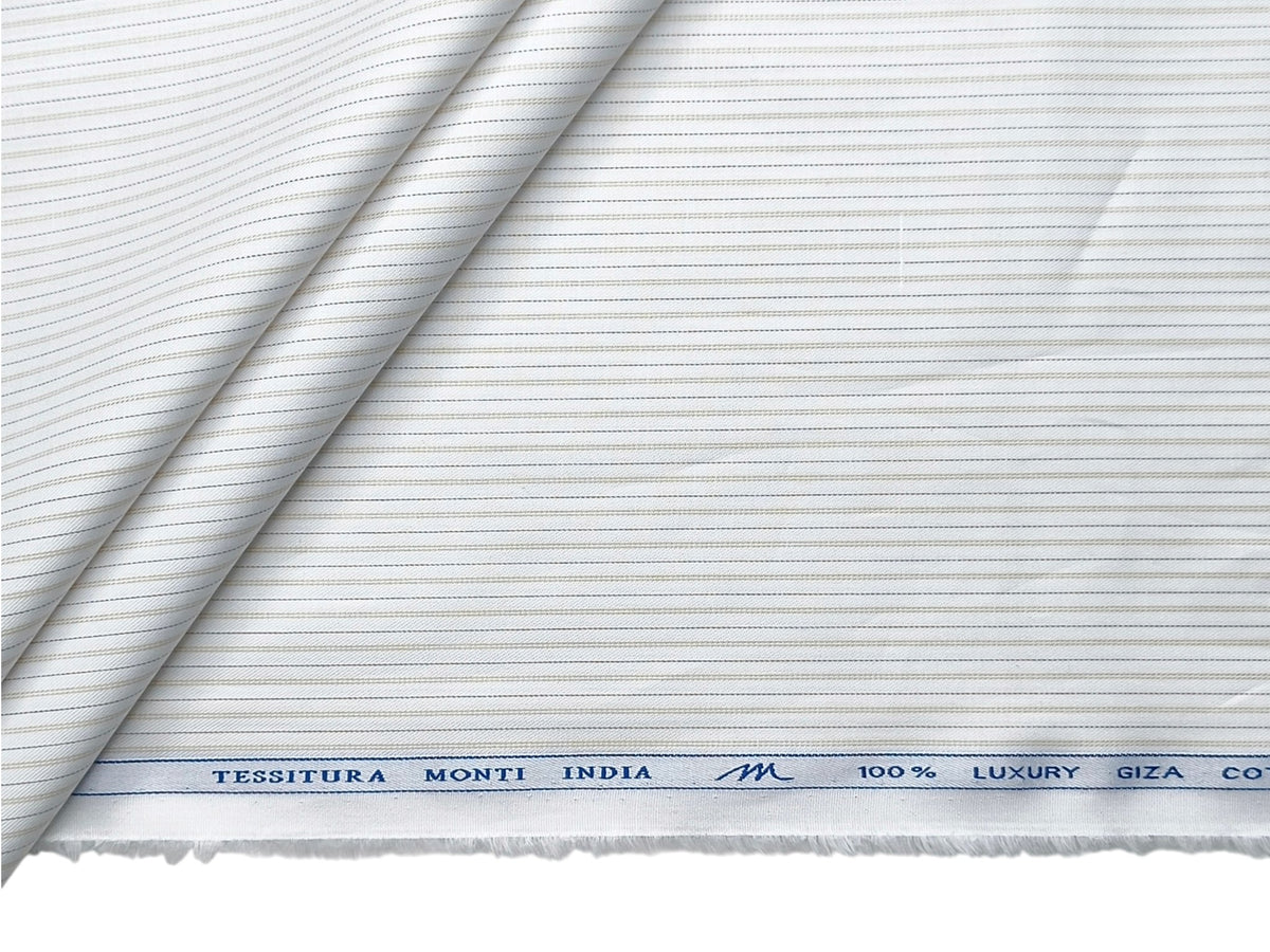 Tessitura Monti 100% Premium Giza Cotton Shirting Fabric (White , Beige & Brown, Stripes)