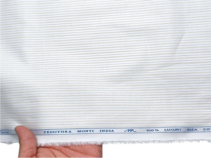 Tessitura Monti 100% Premium Giza Cotton Shirting Fabric (White , Beige & Brown, Stripes)