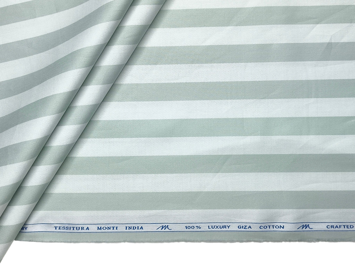 Tessitura Monti 100% Premium Giza Cotton Shirting Fabric (White & Sage Green , Stripes)