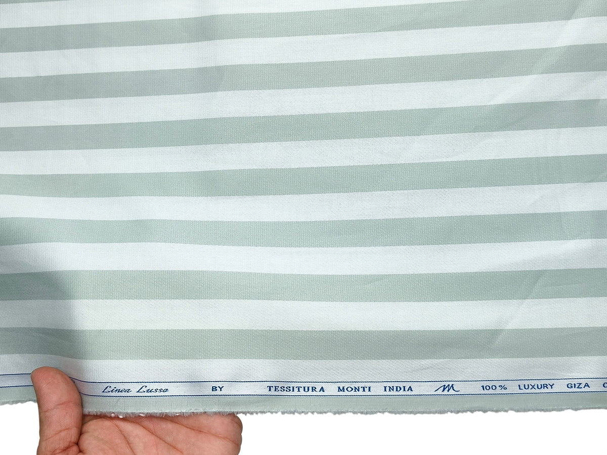 Tessitura Monti 100% Premium Giza Cotton Shirting Fabric (White & Sage Green , Stripes)