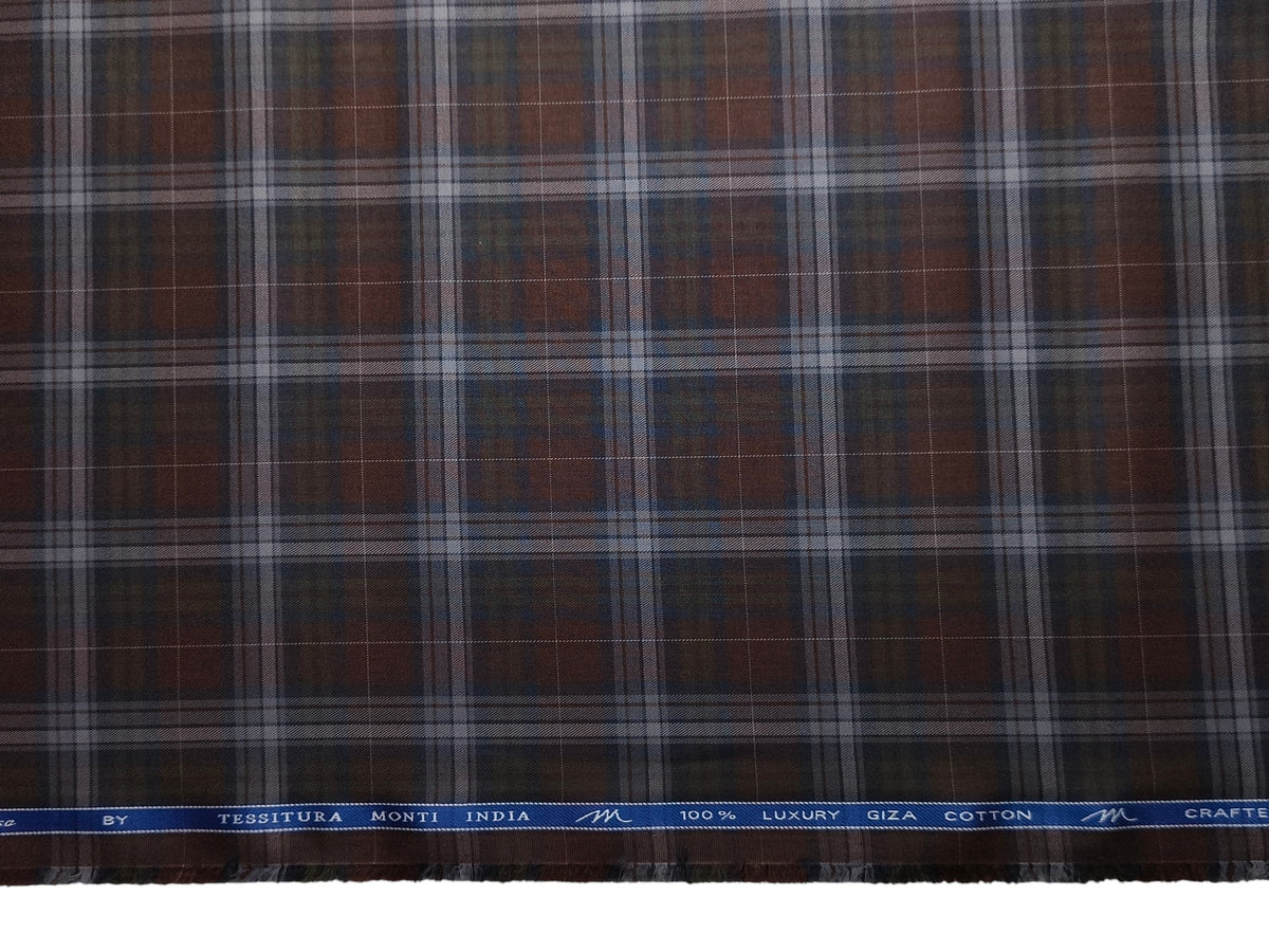 Tessitura Monti 100% Premium Giza Cotton Shirting Fabric (Rust & Dark Blue, Checks)