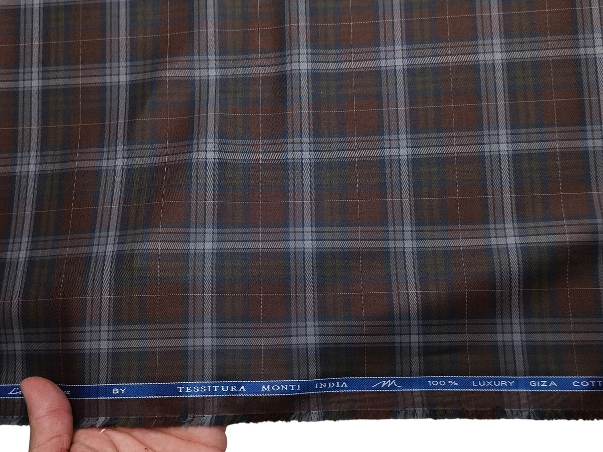 Tessitura Monti 100% Premium Giza Cotton Shirting Fabric (Rust & Dark Blue, Checks)
