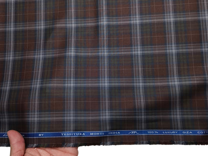 Tessitura Monti 100% Premium Giza Cotton Shirting Fabric (Rust & Dark Blue, Checks)