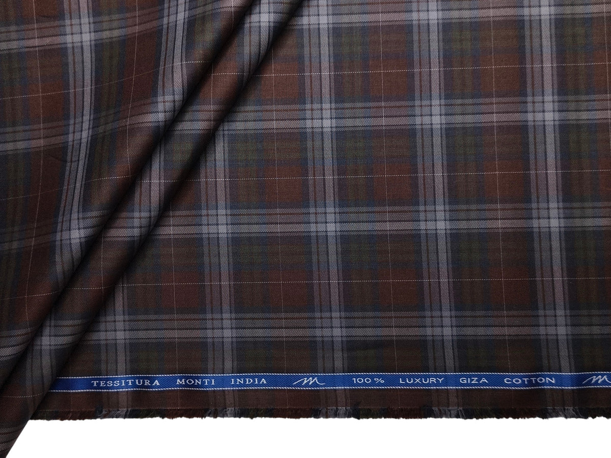 Tessitura Monti 100% Premium Giza Cotton Shirting Fabric (Rust & Dark Blue, Checks)