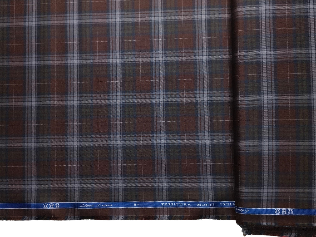 Tessitura Monti 100% Premium Giza Cotton Shirting Fabric (Rust & Dark Blue, Checks)