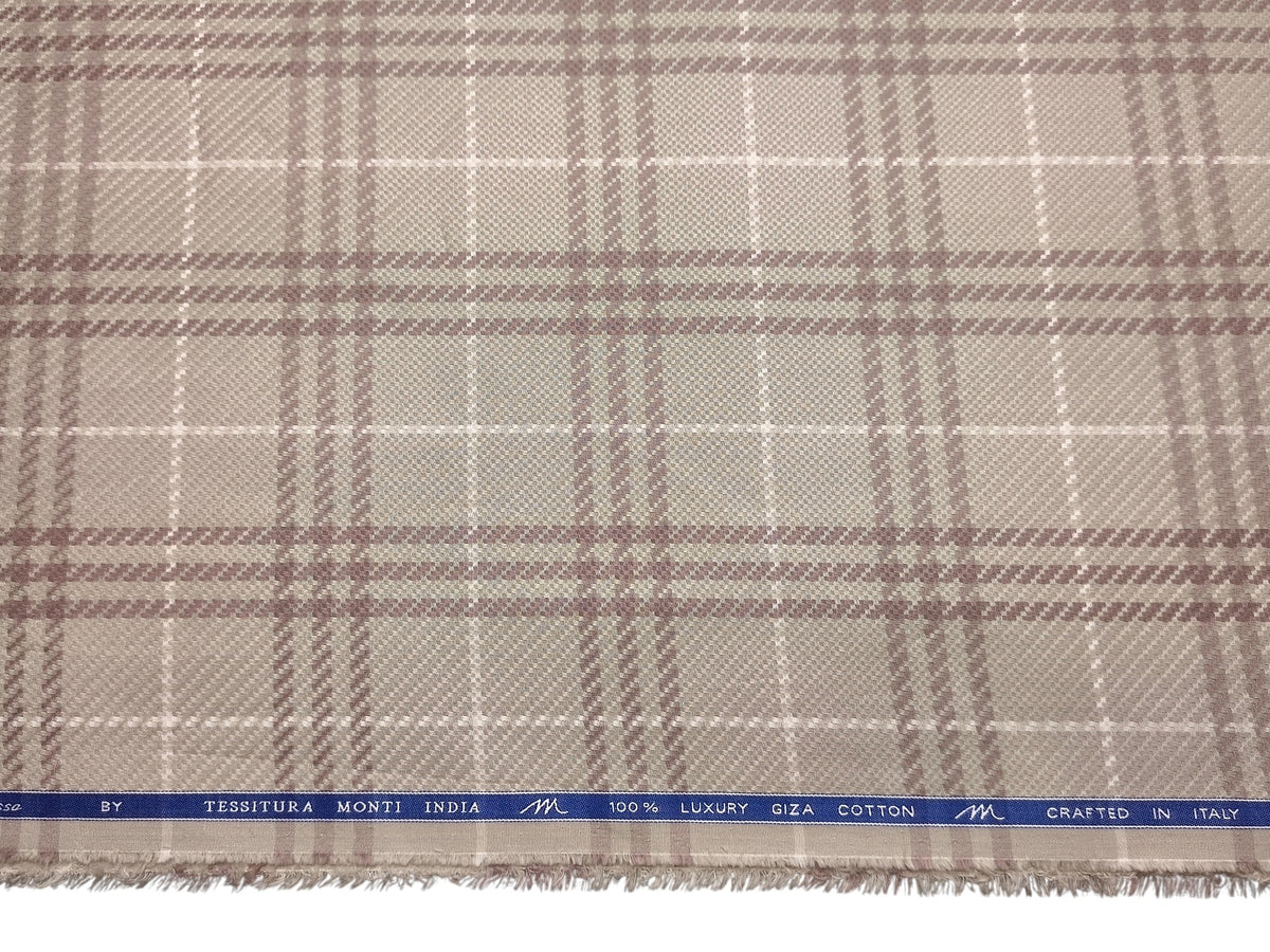 Tessitura Monti 100% Premium Giza Cotton Shirting Fabric (Beige & Brown, Patterned Checks)