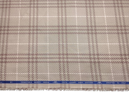 Tessitura Monti 100% Premium Giza Cotton Shirting Fabric (Beige & Brown, Patterned Checks)