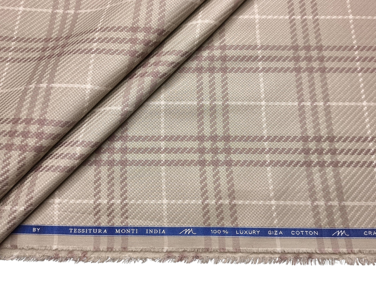 Tessitura Monti 100% Premium Giza Cotton Shirting Fabric (Beige & Brown, Patterned Checks)