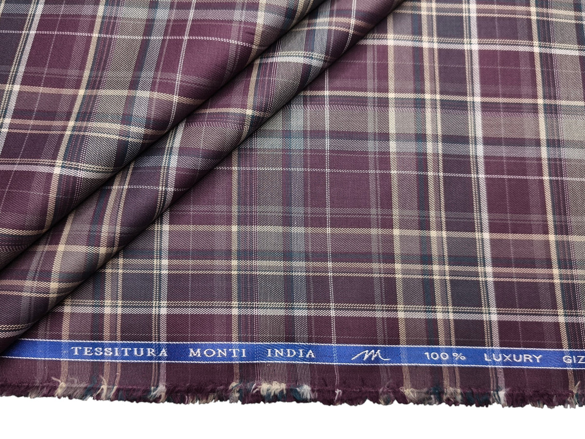 Tessitura Monti 100% Premium Giza Cotton Shirting Fabric (Deep Plum, Multichecks)