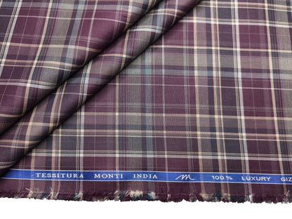 Tessitura Monti 100% Premium Giza Cotton Shirting Fabric (Deep Plum, Multichecks)
