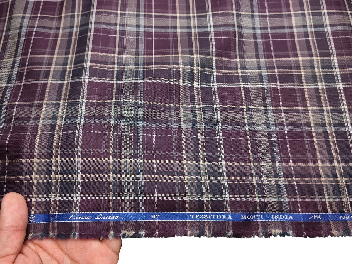 Tessitura Monti 100% Premium Giza Cotton Shirting Fabric (Deep Plum, Multichecks)