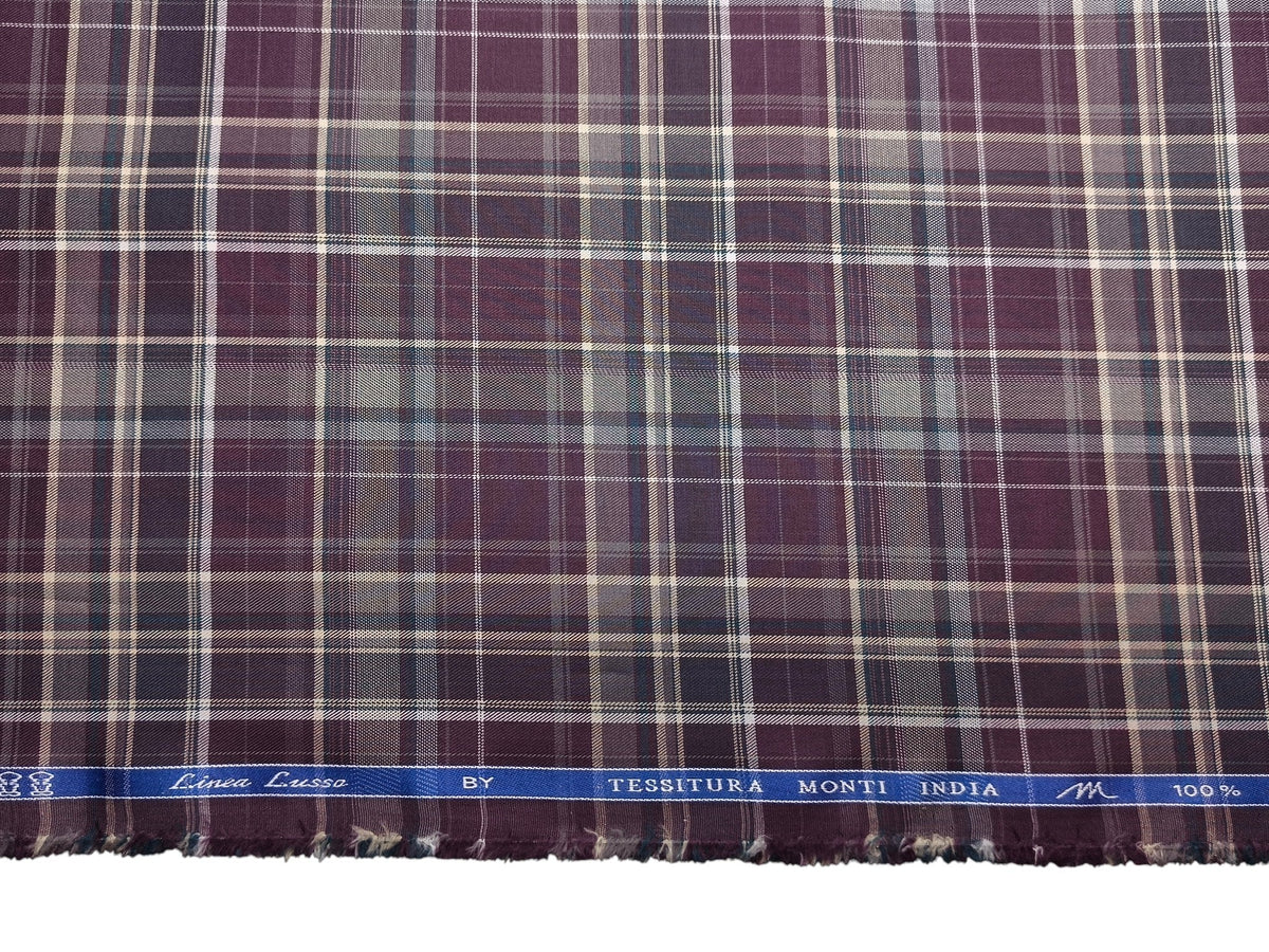 Tessitura Monti 100% Premium Giza Cotton Shirting Fabric (Deep Plum, Multichecks)