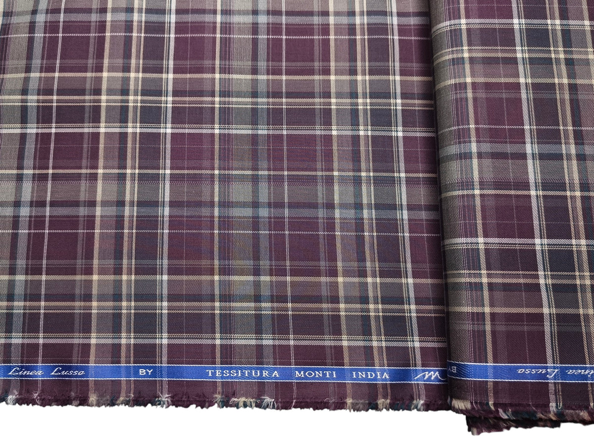 Tessitura Monti 100% Premium Giza Cotton Shirting Fabric (Deep Plum, Multichecks)