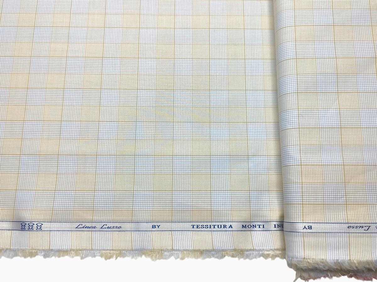 Tessitura Monti 100% Premium Giza Cotton Shirting Fabric (Blue & Light Yellow, Checks)