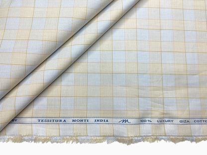 Tessitura Monti 100% Premium Giza Cotton Shirting Fabric (Blue & Light Yellow, Checks)