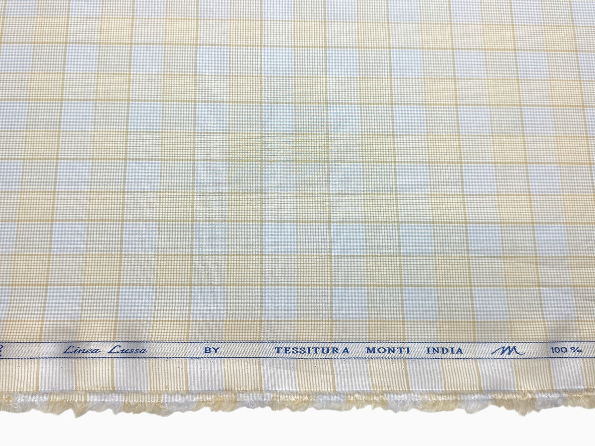 Tessitura Monti 100% Premium Giza Cotton Shirting Fabric (Blue & Light Yellow, Checks)