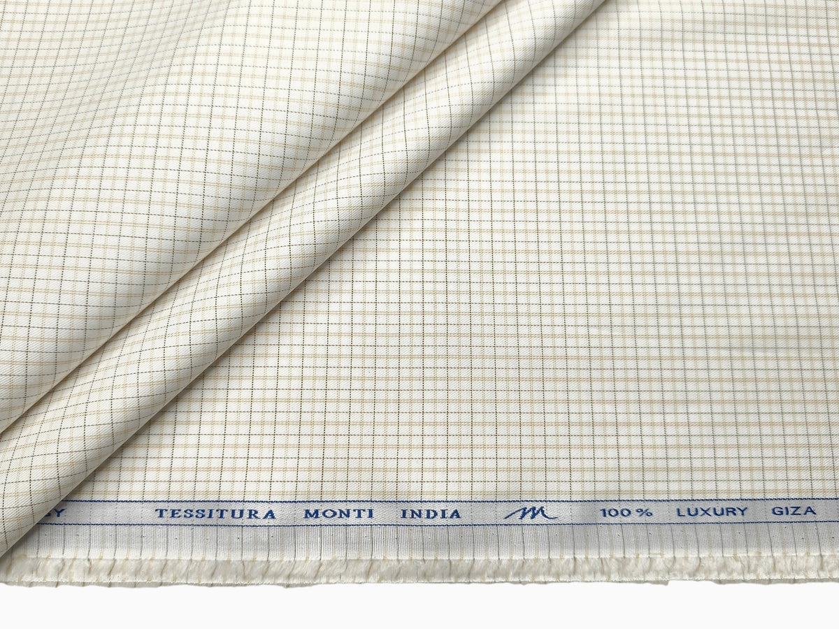 Tessitura Monti 100% Premium Giza Cotton Shirting Fabric (White, Beige & Brown, Checks)