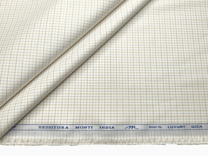 Tessitura Monti 100% Premium Giza Cotton Shirting Fabric (White, Beige & Brown, Checks)