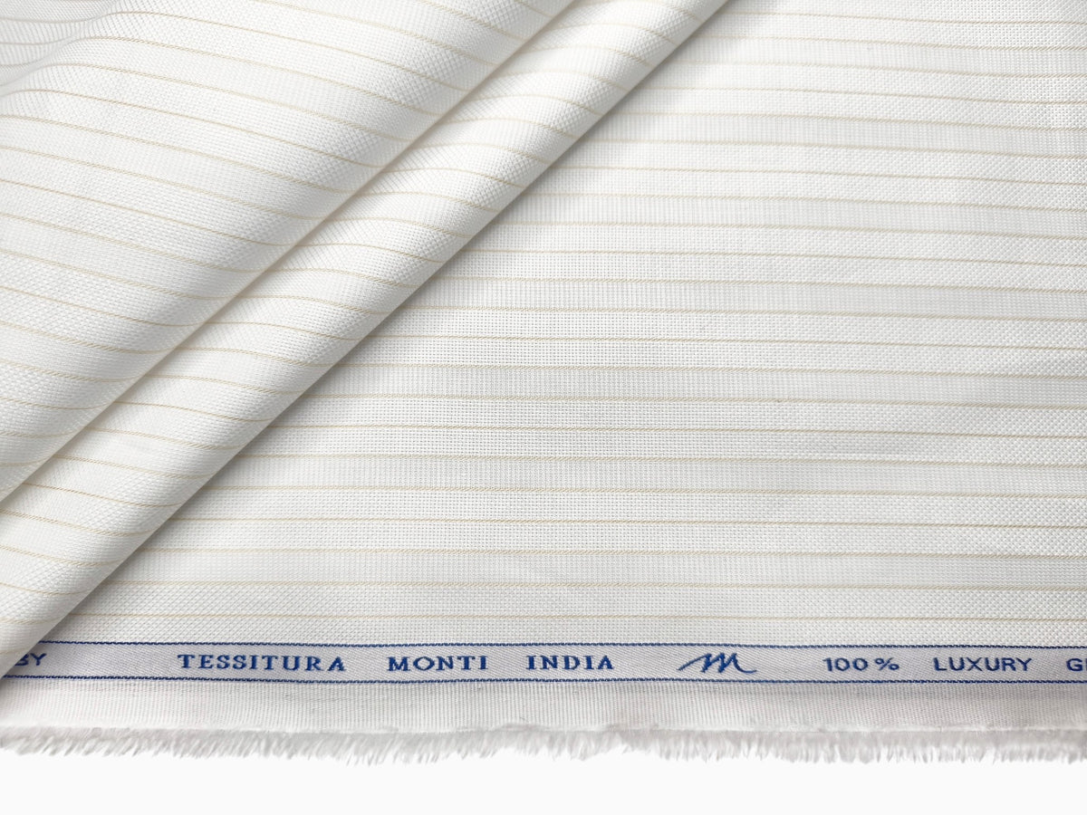 Tessitura Monti 100% Premium Giza Cotton Shirting Fabric (White & Beige, Stripes)