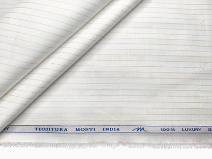 Tessitura Monti 100% Premium Giza Cotton Shirting Fabric (White & Beige, Stripes)