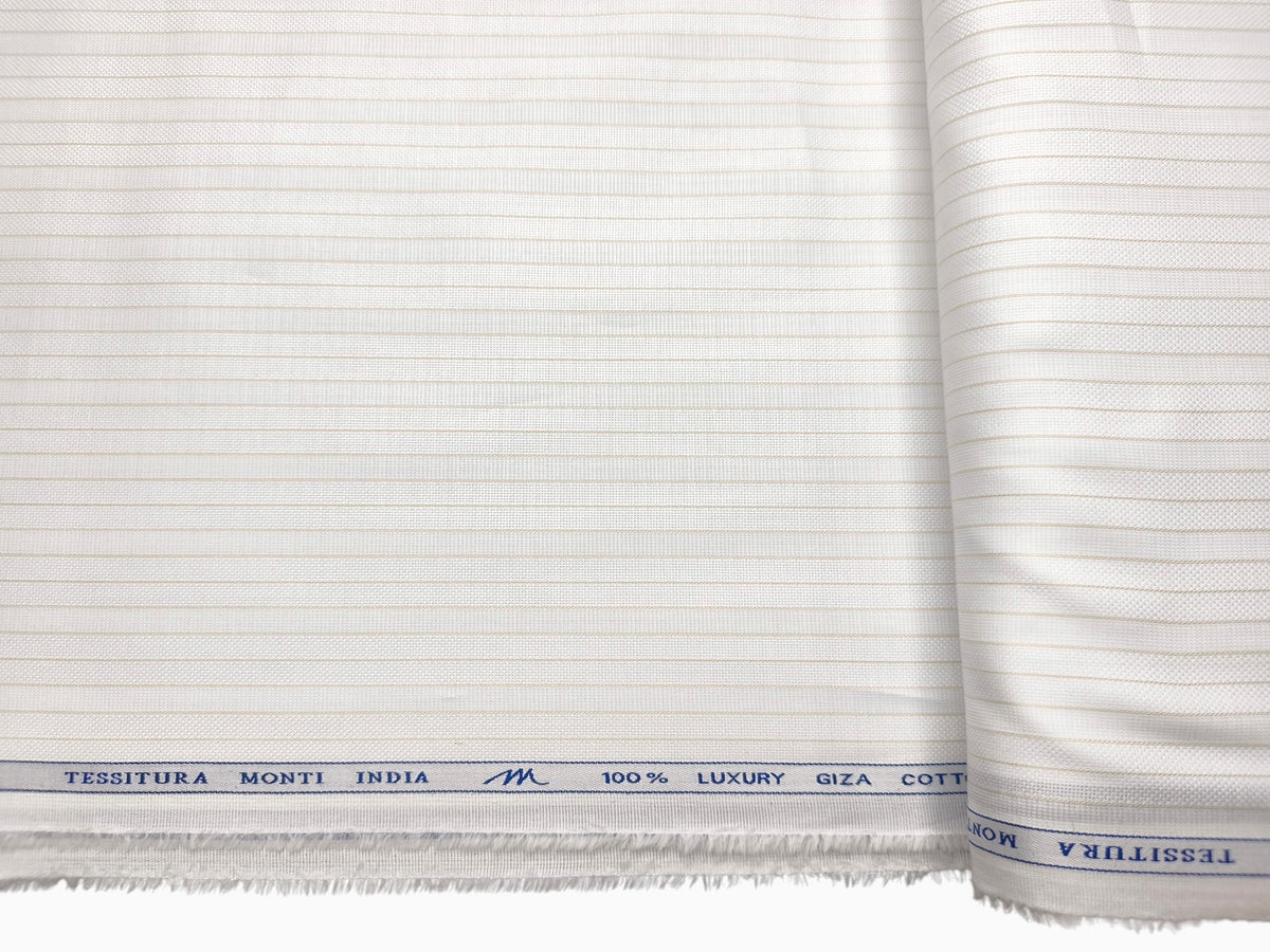 Tessitura Monti 100% Premium Giza Cotton Shirting Fabric (White & Beige, Stripes)