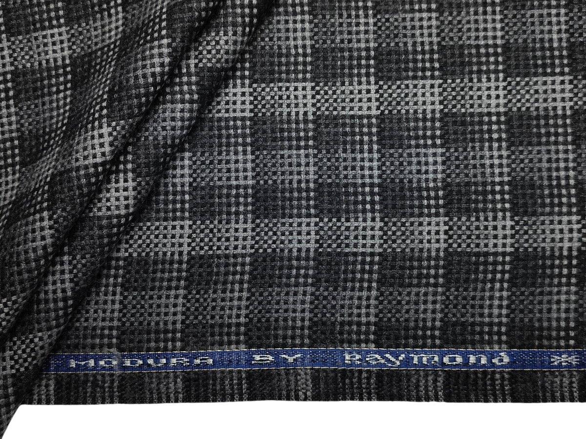 Raymond Modura 100% Wool Premium Jacketing Suiting Fabric (Black & Grey, Hopsack Tweed Multichecks)