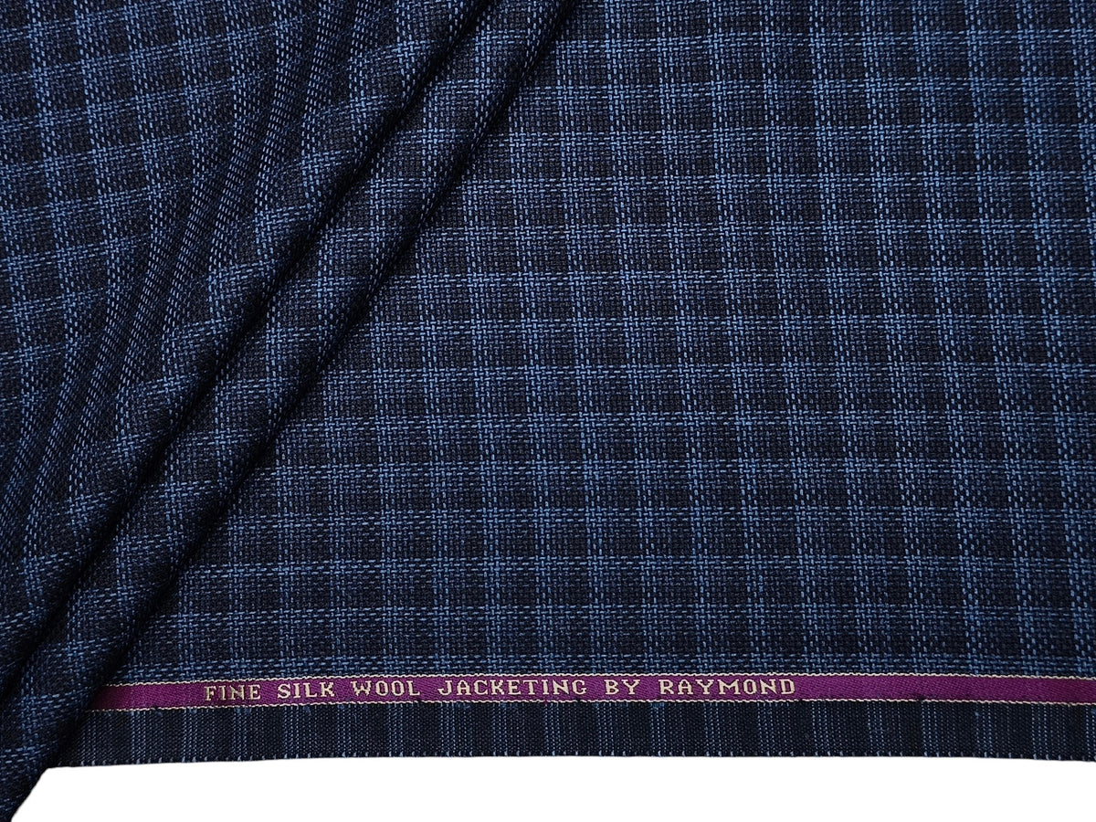 Raymond Fine Wool Silk Blended Premium Jacketing Suiting Fabric (Blue & Black , Checks with Hopsack Weave)