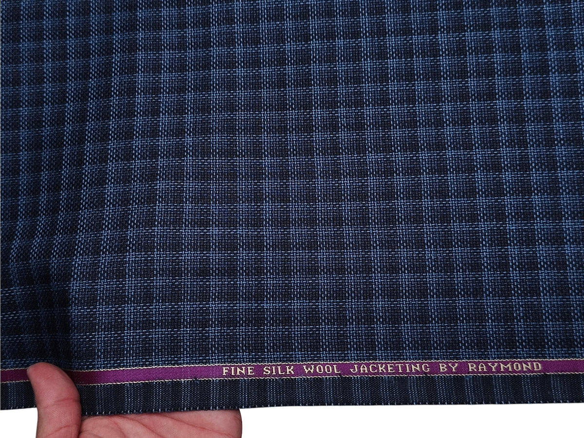 Raymond Fine Wool Silk Blended Premium Jacketing Suiting Fabric (Blue & Black , Checks with Hopsack Weave)