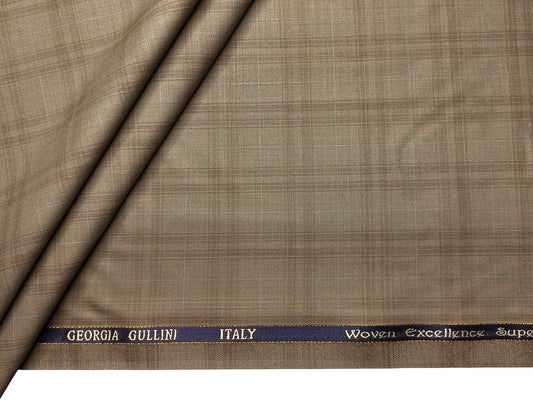 Georgia Gullini Italy Opulent Super 130s Merino Wool Blended Premium Suiting Fabric (Light Brown , Checks)