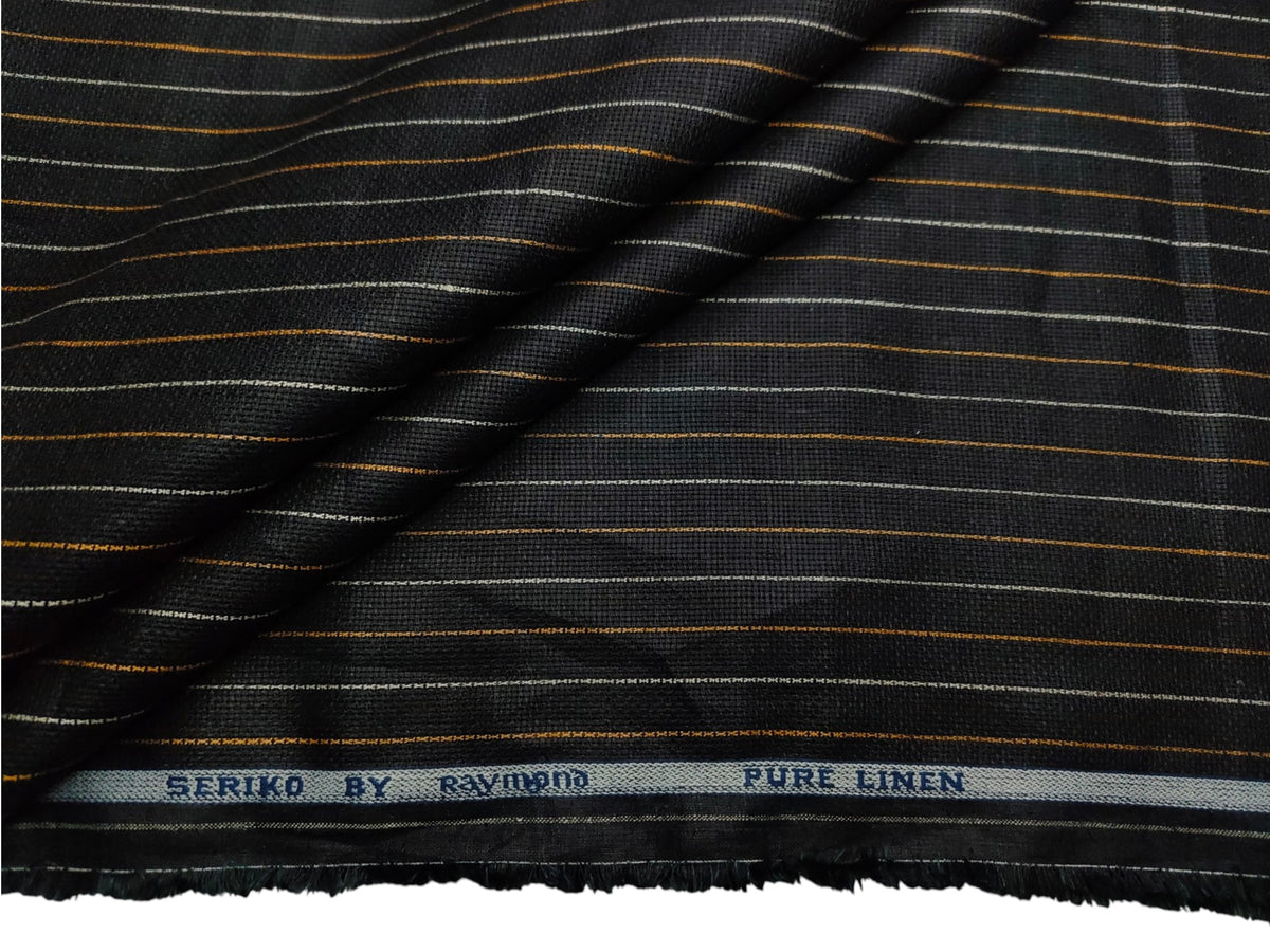 Raymond Seriko 100% Pure Linen Premium Jute Weave Shirting Fabric (Black, Pinstripes)
