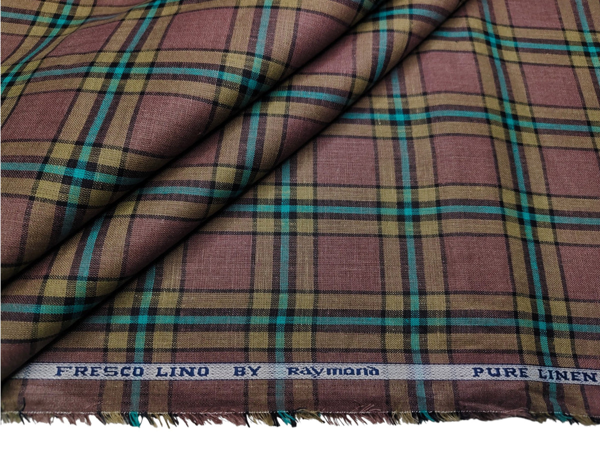 Raymond Fresco Lino 100% Pure Linen Premium Shirting Fabric (Rust, Multichecks)