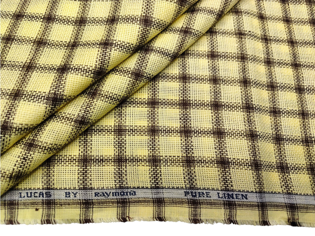 Raymond Lucas 100% Pure Linen Premium Jute Weave Shirting Fabric (Yellow & Brown, Checks)
