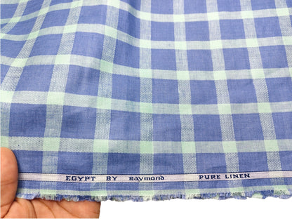 Raymond Egypt 100% Pure Linen Premium Shirting Fabric (Blue & Mint, Checks)