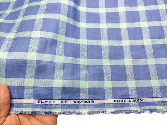 Raymond Egypt 100% Pure Linen Premium Shirting Fabric (Blue & Mint, Checks)