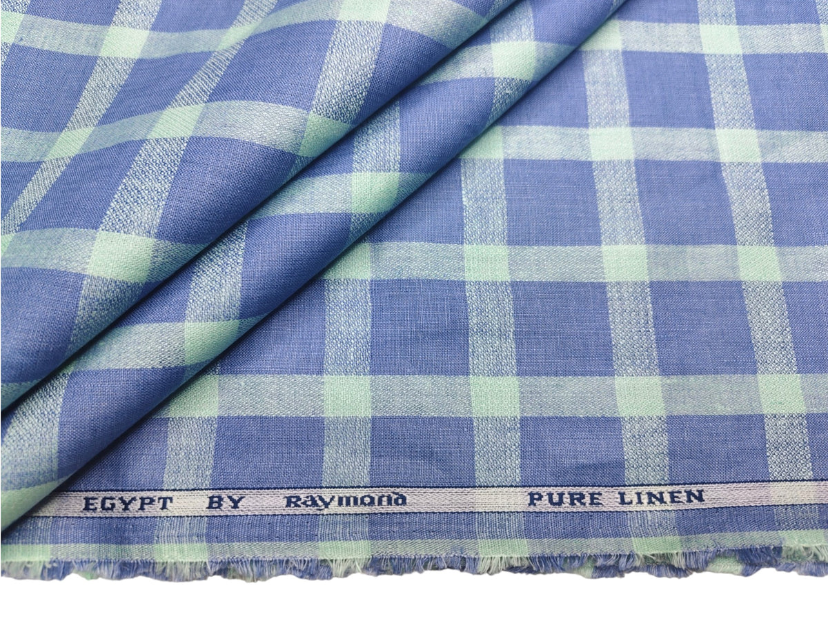 Raymond Egypt 100% Pure Linen Premium Shirting Fabric (Blue & Mint, Checks)