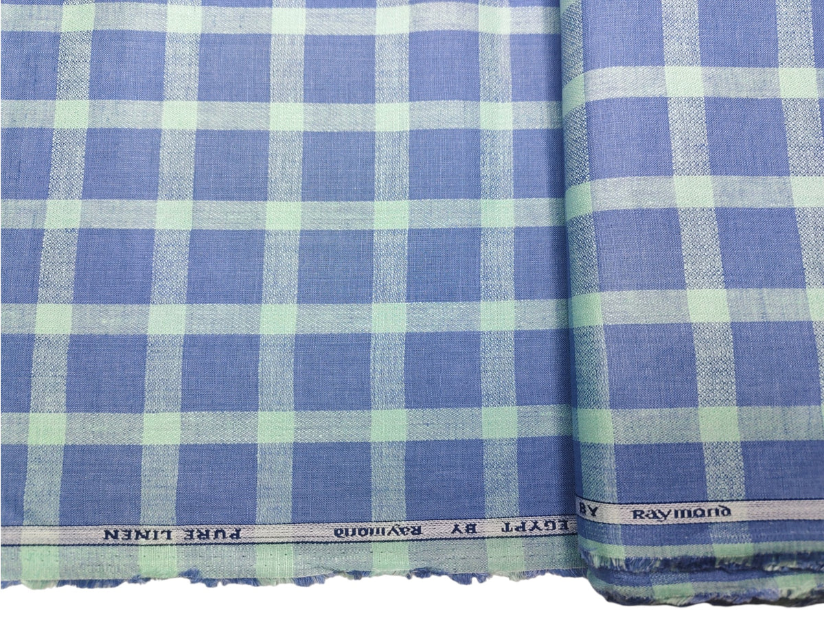 Raymond Egypt 100% Pure Linen Premium Shirting Fabric (Blue & Mint, Checks)