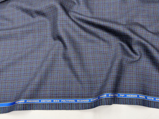 Raymond Wool Blend Checks Unstitched Suiting Fabric (Rich Blue)