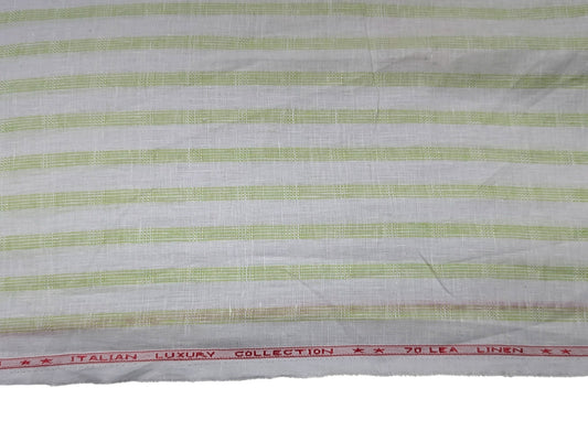 Italian Luxury 100% Pure Linen Fabric 70 Lea (White with Pastel Green Stripes)
