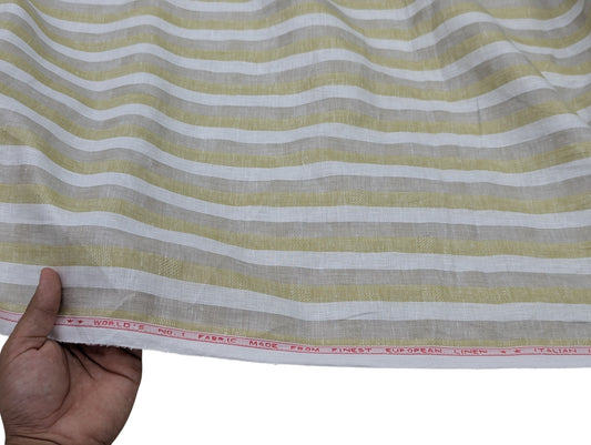 Italian Luxury Pure Linen Fabric 70 LEA (White, Olive & Taupe Stripes)