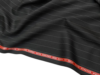 Raymond The Revolution Collection Super 70's Wool blend Suiting Fabric (Noir Black, Pinstripes)