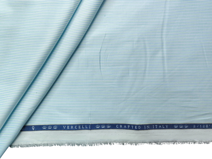 Vercelli Italy 2/120s Finest Supima Cotton Shirting Fabric (White,Blue & Green, Stripes)