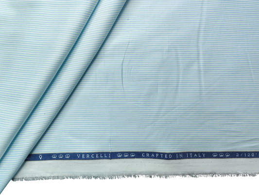 Vercelli Italy 2/120s Finest Supima Cotton Shirting Fabric (White,Blue & Green, Stripes)