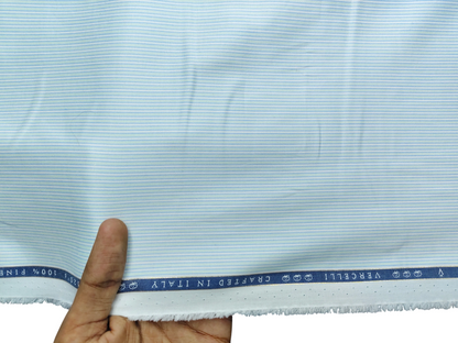 Vercelli Italy 2/120s Finest Supima Cotton Shirting Fabric (White,Blue & Green, Stripes)