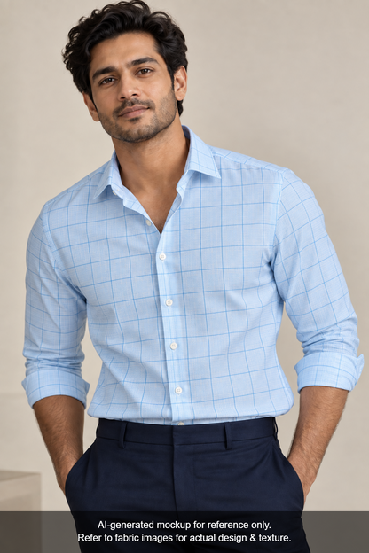 Arvind Fashionable Trendy Collection 100% Premium Cotton Shirting Fabric (Sky Blue, Checks)