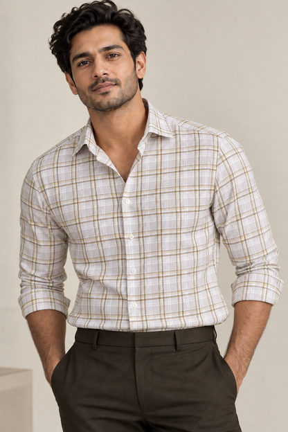Canetti Italy Premium Tencel Giza Soft Touch Shirting Fabric (Yellow , Beige & Brown, Checks)