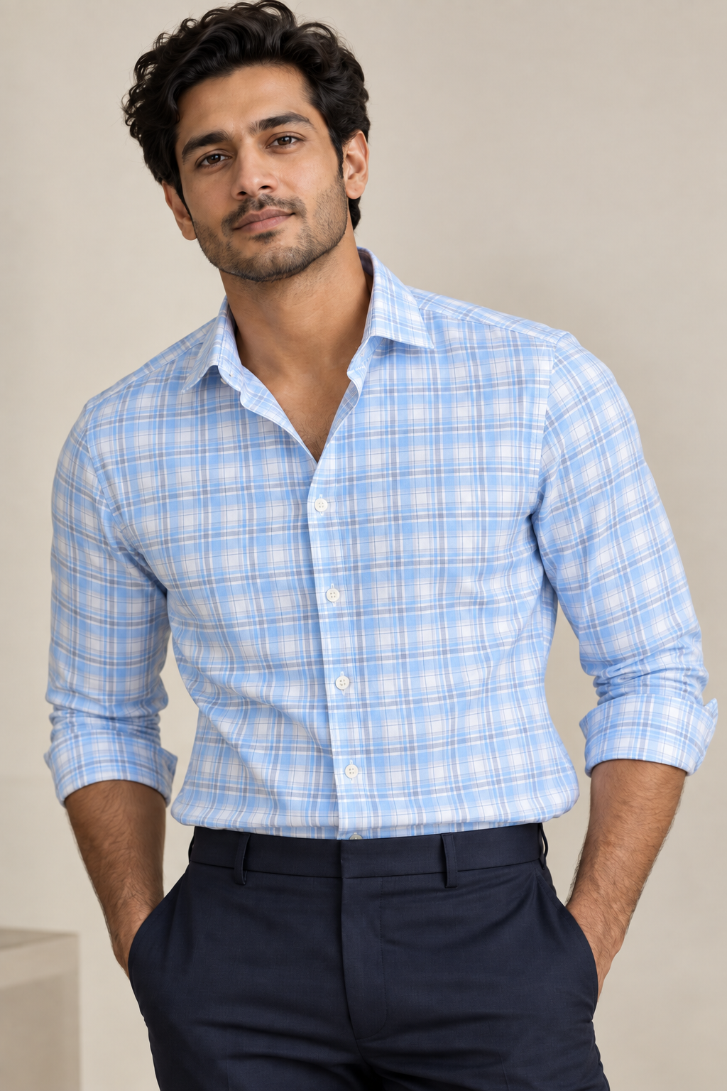 Canetti Italy Premium Tencel Giza Soft Touch Shirting Fabric (Sky Blue, Checks)