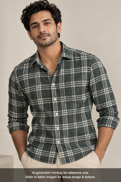 100% Pure Linen 60 LEA Shirting Fabric Shirting Fabric (Charcoal & White, Checks)